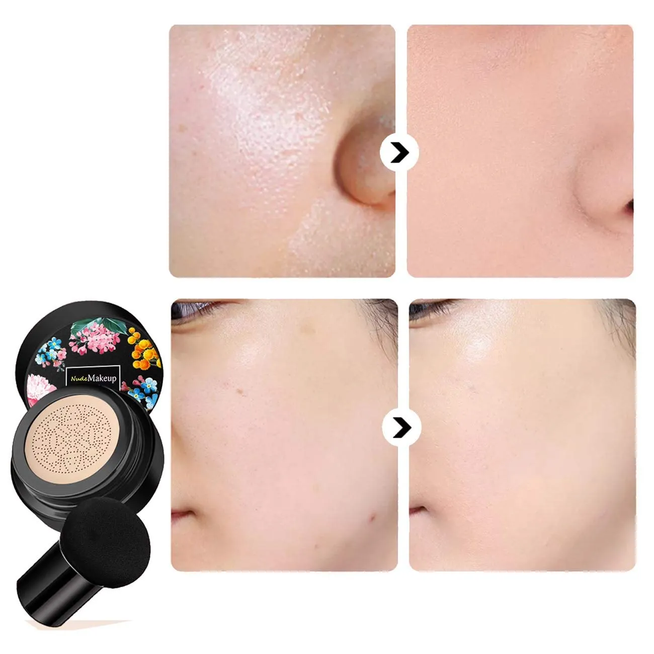 2 Pack Mushroom Head Air Cushion BB Cream, Concealer Lasting Nude Makeup Moisturizing Brightening Pigment CC Liquid Foundation
