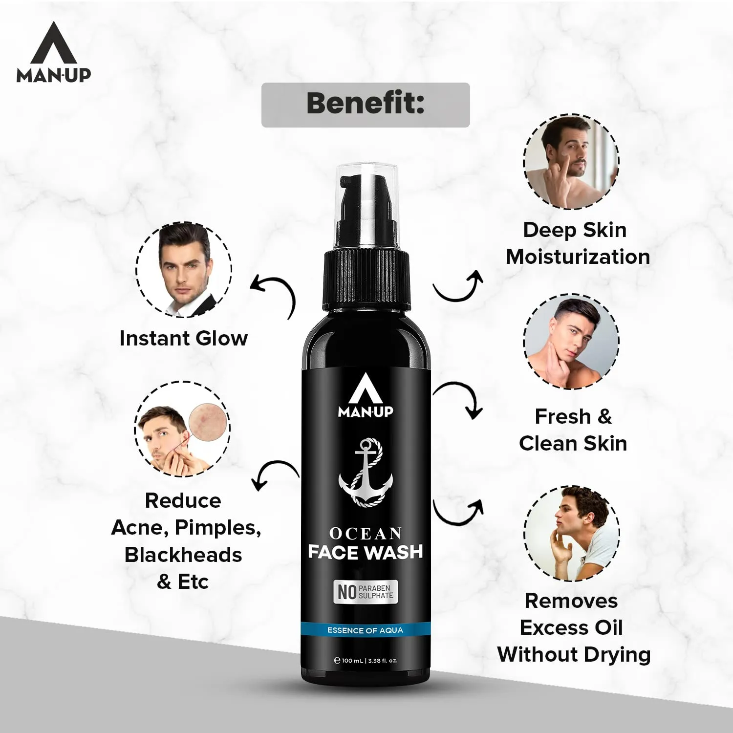 Man-Up Ocean Face Wash Essence of Aqua | For Acne, Black Heads, Pimple, Oily & Sensitive Skin | All Day Refreshing & Long-Lasting Freshness with Menthol for Men – 100ml (Pack of 5)
