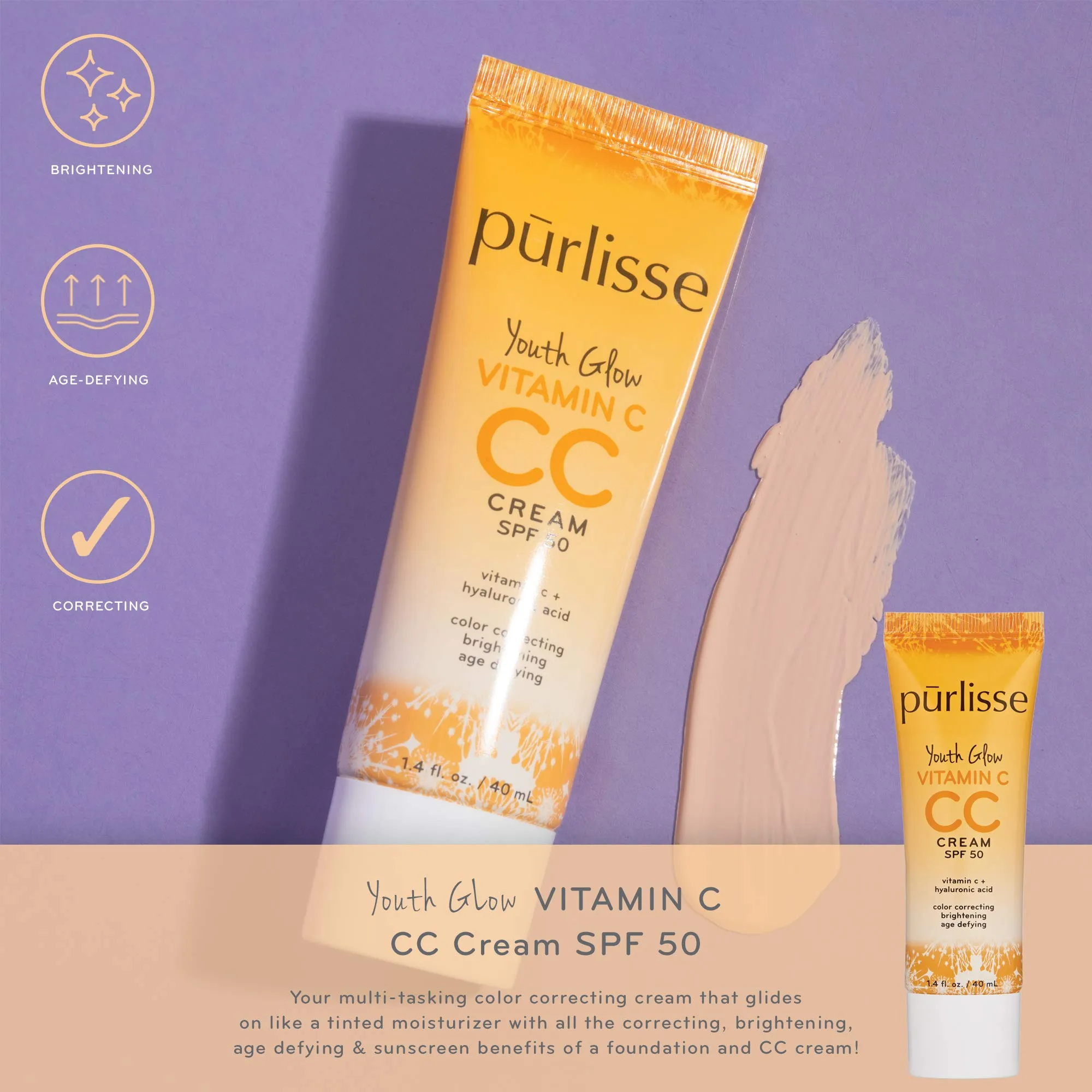 purlisse Youth Glow Vitamin C CC Cream SPF 50: Cruelty-Free & Clean, Paraben & Sulfate-Free, Full Coverage, Hydrates with Hyaluronic Acid | Fair 1.4oz