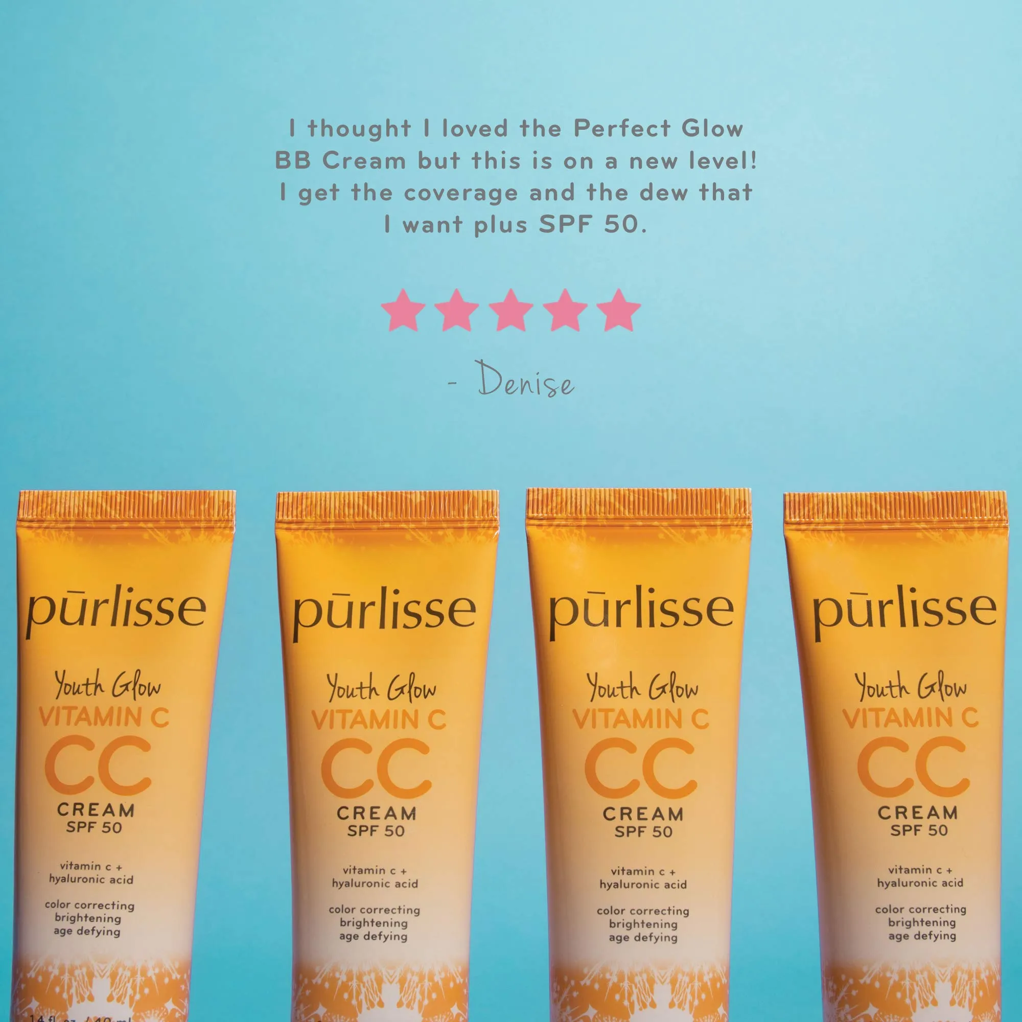 purlisse Youth Glow Vitamin C CC Cream SPF 50: Cruelty-Free & Clean, Paraben & Sulfate-Free, Full Coverage, Hydrates with Hyaluronic Acid | Fair 1.4oz