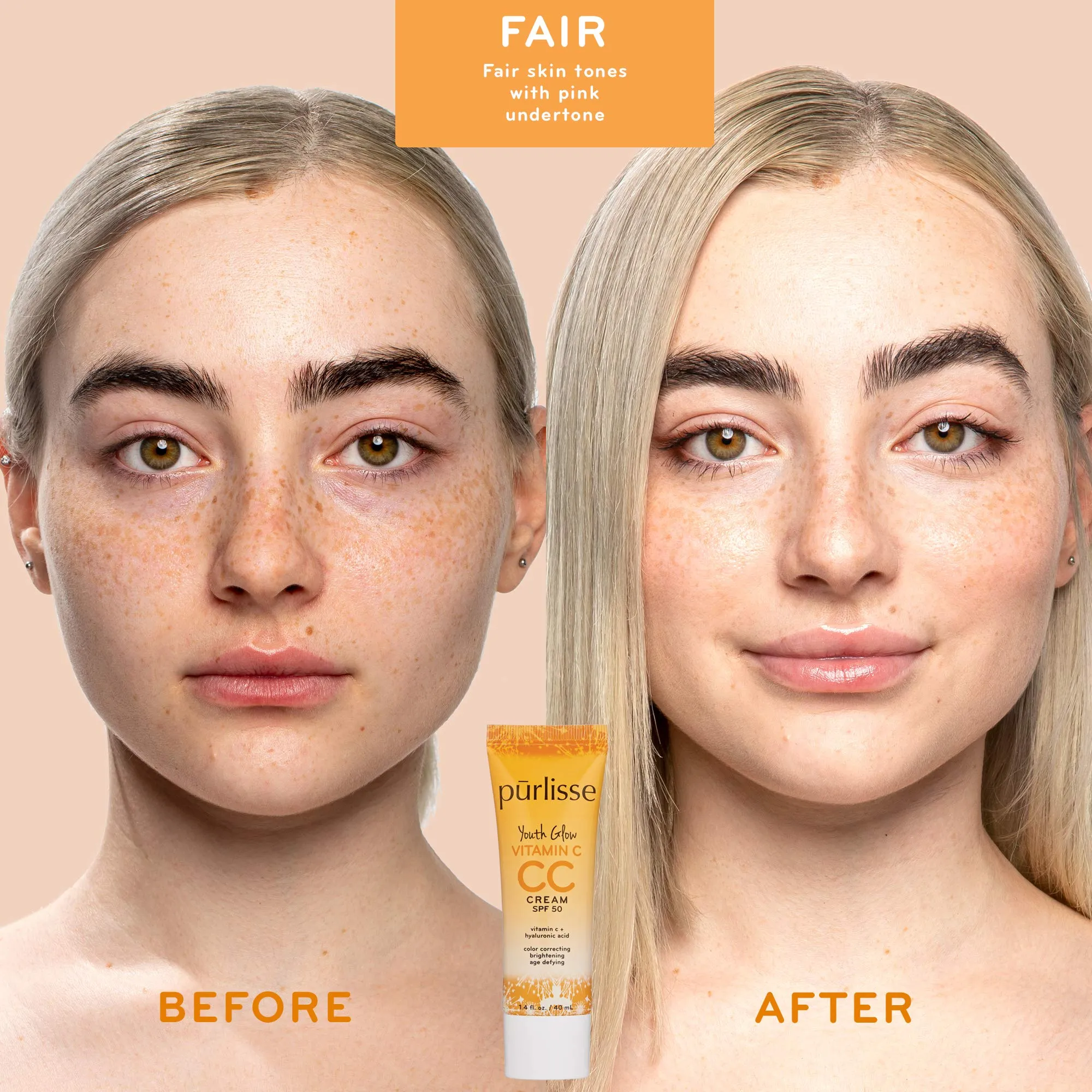 purlisse Youth Glow Vitamin C CC Cream SPF 50: Cruelty-Free & Clean, Paraben & Sulfate-Free, Full Coverage, Hydrates with Hyaluronic Acid | Fair 1.4oz