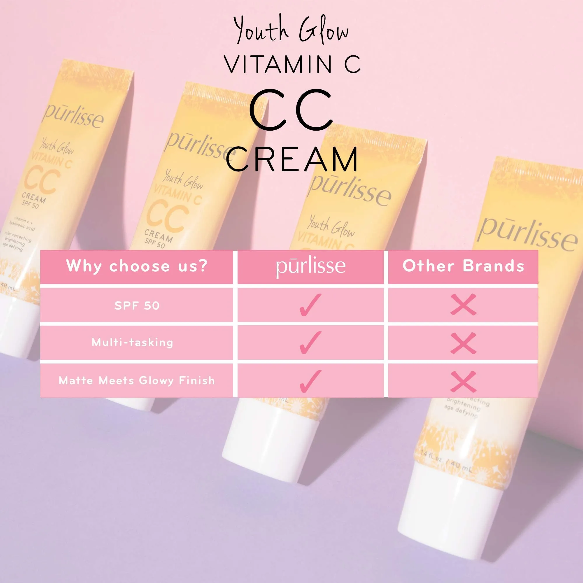 purlisse Youth Glow Vitamin C CC Cream SPF 50: Cruelty-Free & Clean, Paraben & Sulfate-Free, Full Coverage, Hydrates with Hyaluronic Acid | Fair 1.4oz